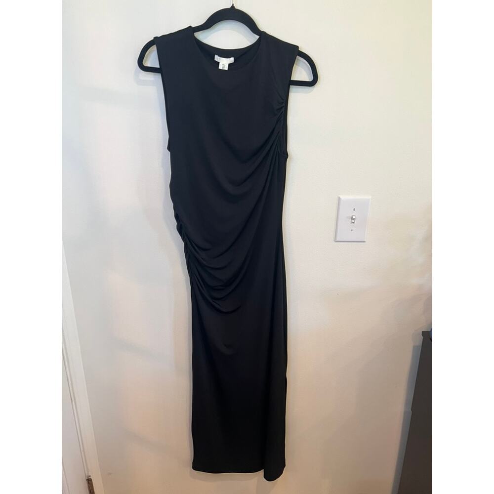 H&M Black Ruched Midi Dress Womens Medium Sleeveless Bodycon Minimal